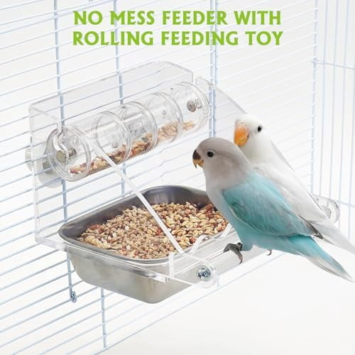 Bird Feeder for Cage with Rotating Foraging Toy No Mess Acrylic Hanging Food & Water Dispenser with Stainless Steel Bowl & Anti-Slip Perch Stand for Parrot, Budgie, Parakeet, Lovebird, Canary