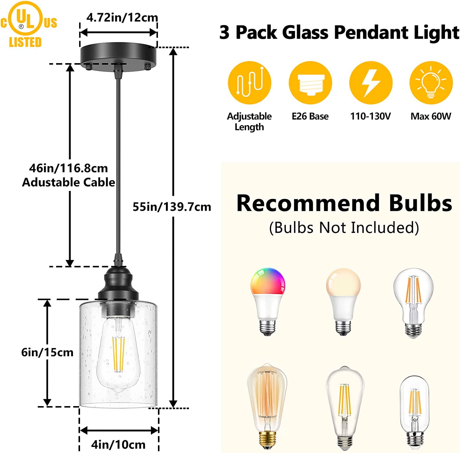 Pendant Lighting 3-Pack Ceiling Lights Hanging Cord Lamp Black Pendant Lights Fixtures for Kitchen Island Dining Room with Glass Shade, Without Bulbs