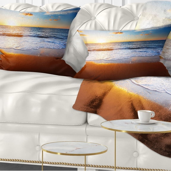 Designart Blue Sea and Sky with Sandy Beach - Seashore Throw Pillow - 12x20