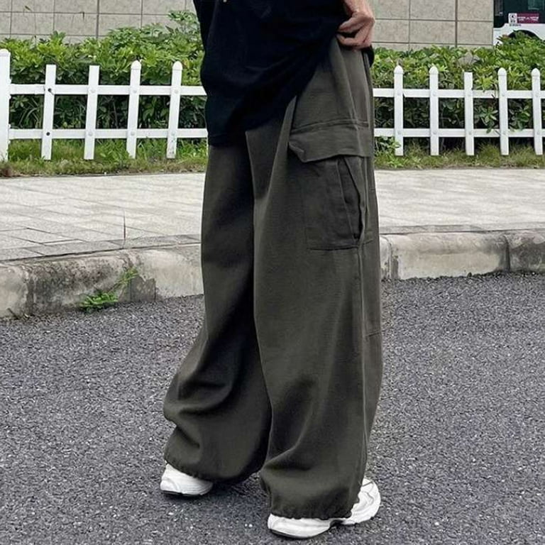 【COLOR iN ID】Loose wide cargo pants Fusipu Men Pants Wide Leg Multi Pockets Elastic Waist Solid