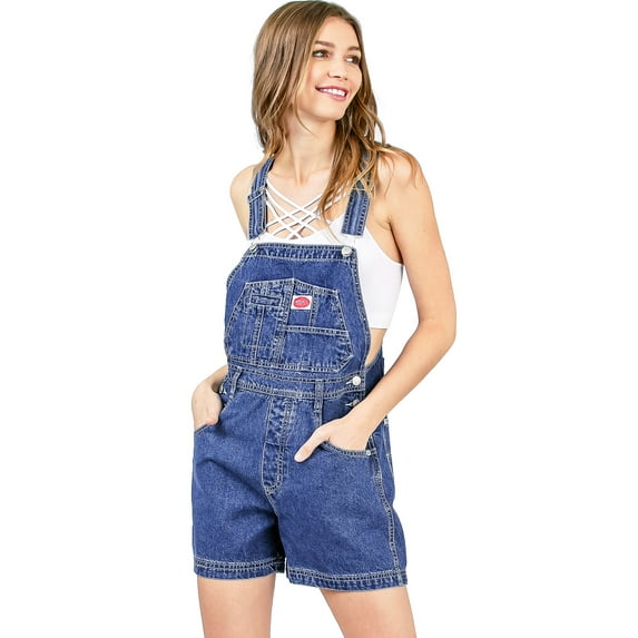 Revolt Women's Juniors Retro Nineties Denim Twill Short Overalls (Medium Stone Wash, Medium)