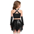 thumbnail image 5 of SiiRoh Girls 3Pcs Hip Hop Street Dance Outfits Cross Keyhole Sequins Metallic Crop Top+Skirt+Gloves Disco Dancewear Black 12, 5 of 6