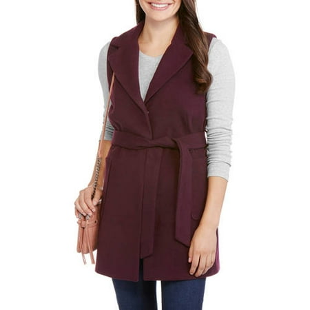 Maxwell Studio Women's Fashion Faux Wool Belted Sleeveless Coat-Wear As A Vest Or Jacket