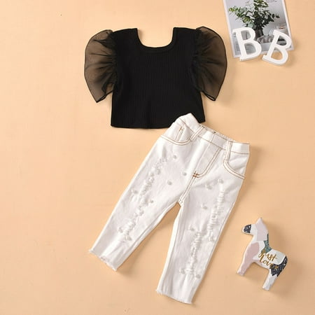 

LOSIBUDSA Baby Girls Clothes Puff Sleeve Solid Color Pearl Ripped Jeans Set Kids Outfits