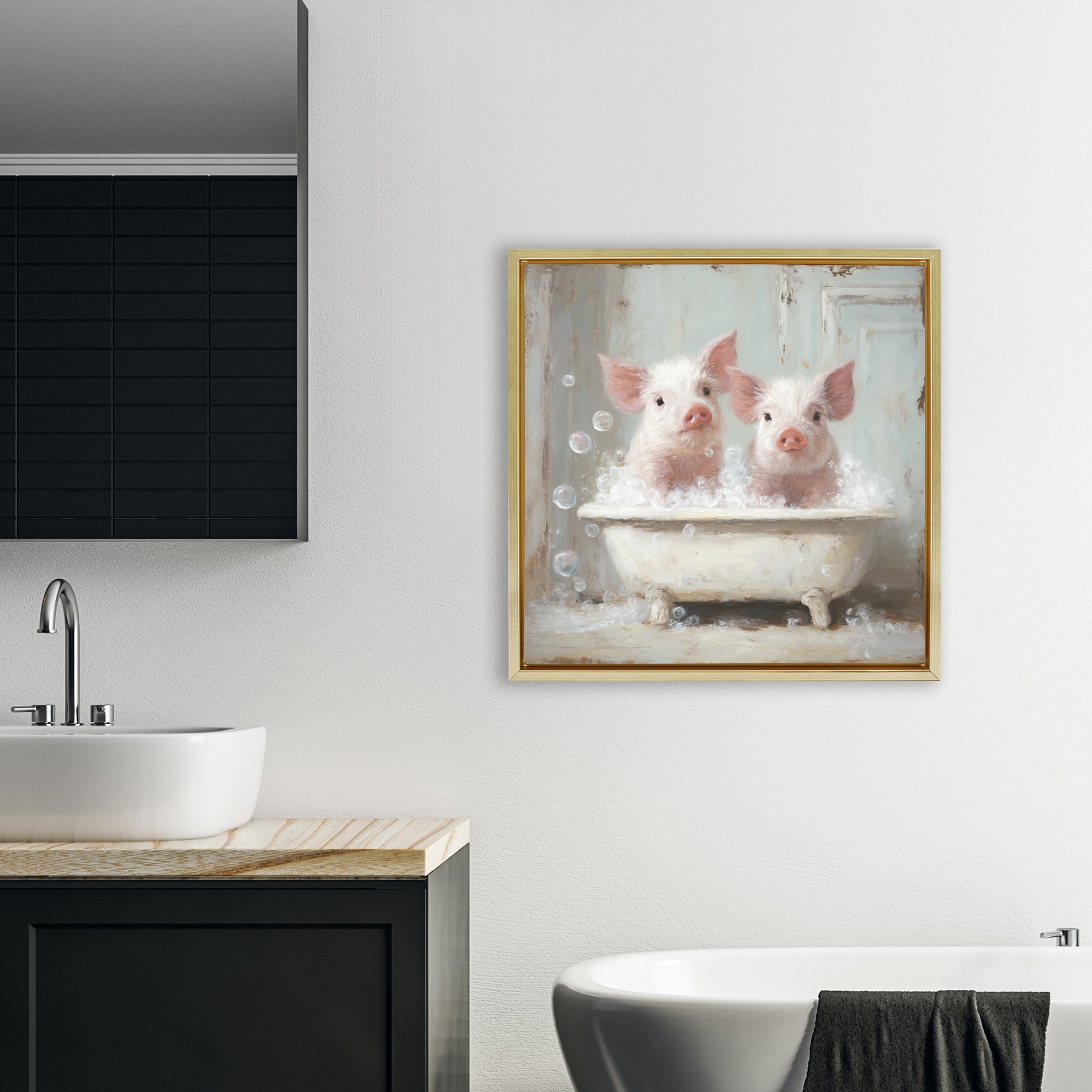 Stupell Industries Piglet Bubble Bath Gold Framed Floater Canvas Wall Art, design by Tina LeCour