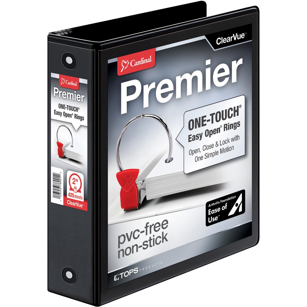 Cardinal Premier Easy Open ClearVue Locking Round Ring Binder, 2" Cap, 11 x 8 1/2, Black