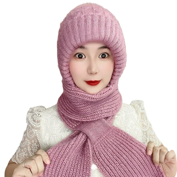 HUANLEDASH Ladies Winter Integrated Hat Scarf Thickened Knitted Warm Soft Cozy Elastic Ear Neck Head Protection Windproof Pure Color Balaclava Neck Wrap Combo Lady Headwear