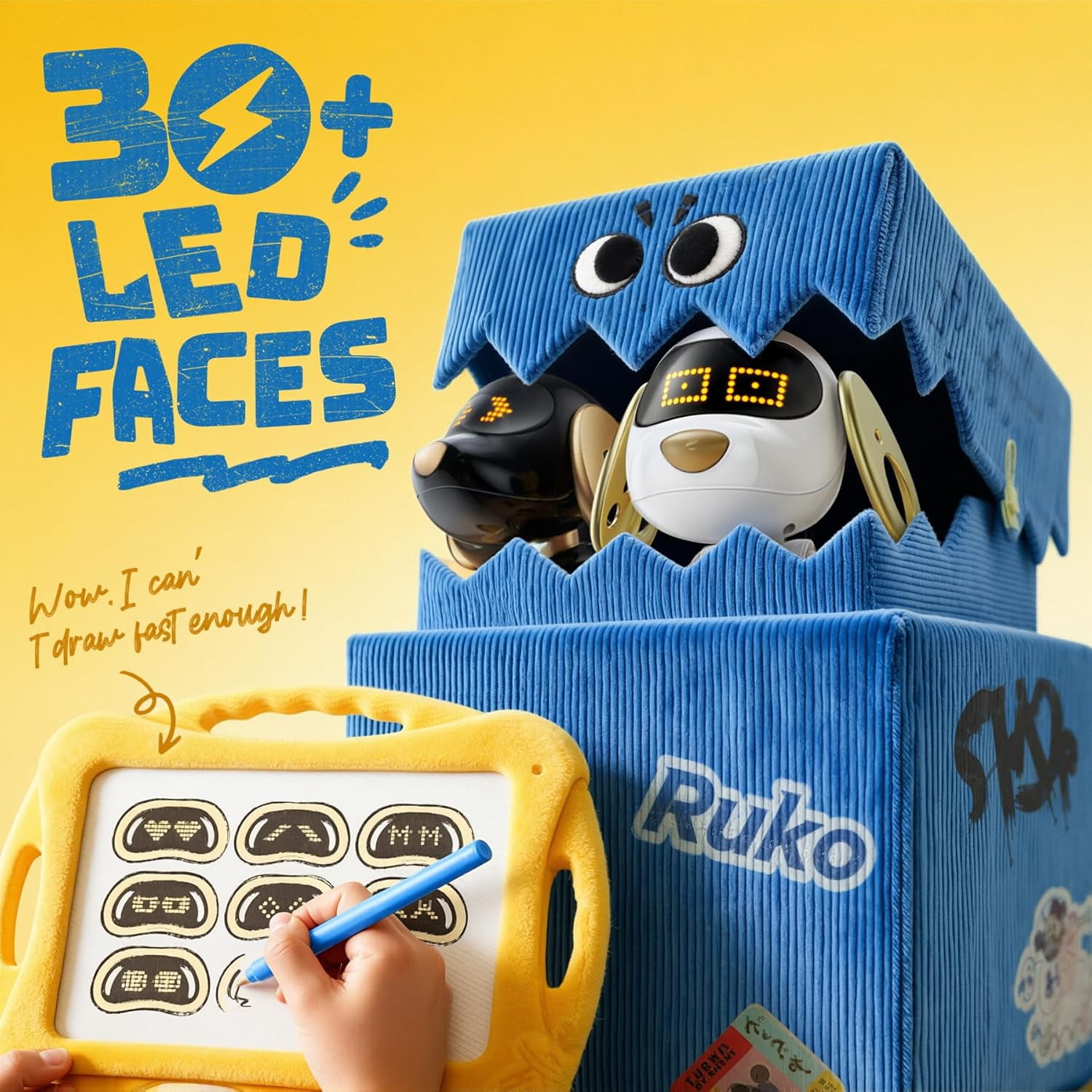 Ruko 18011 Robot Dog Toy, Smart Interactive Puppy, Programmable, 30+ LED Faces, Remote & Gesture Control, White & Gold, Ages 3-8