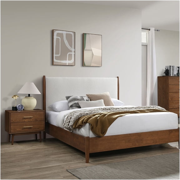 JERFIT Mid-Century Modern Queen Bedroom Set with Upholstered Headboard, 2 Nightstands in Walnut