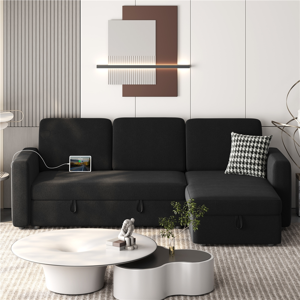 Alden Design Reversible Sectional Sofa with USB & Type-C Ports for Livingroom, Black