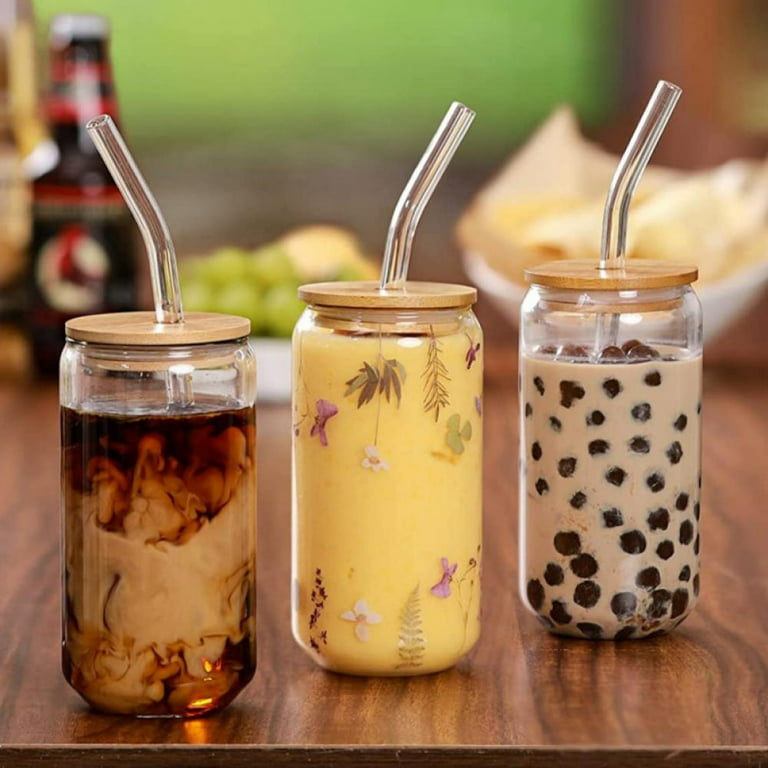 Iced Coffee Glass Cup with Bamboo Lid and Straw | 16oz Beer Can Glass with  Lids and Straw | Can Shaped Glass Soda Can Cup |Smiley face beer glass
