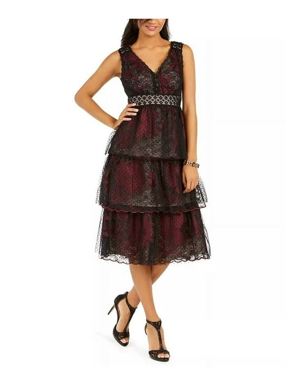 Taylor Dresses Women's Tiered Lace Midi Dress Black Size 10