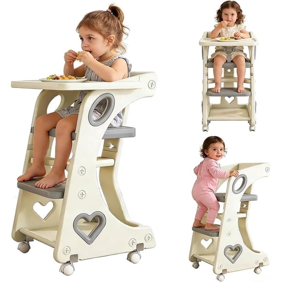 Taburete de Cocina 4 en 1, Torre de Aprendizaje Montessori con 2 Niveles de Ajuste de Altura, Cinturones De Seguridad Ajustable, Placa Giratoria de 240 °, Ruedas de 360 Grados, 80*51*42cm (Gris)
