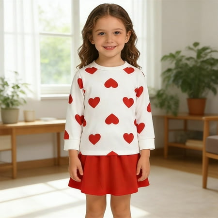 ZHOGXU Big Kids Girls Outfits Love Heart Printed Long Sleeve Round Neck Tops And Skirts Two Piece Comfortable Fashion Sets For Daily Wear Watermelon Red 1-2 Years