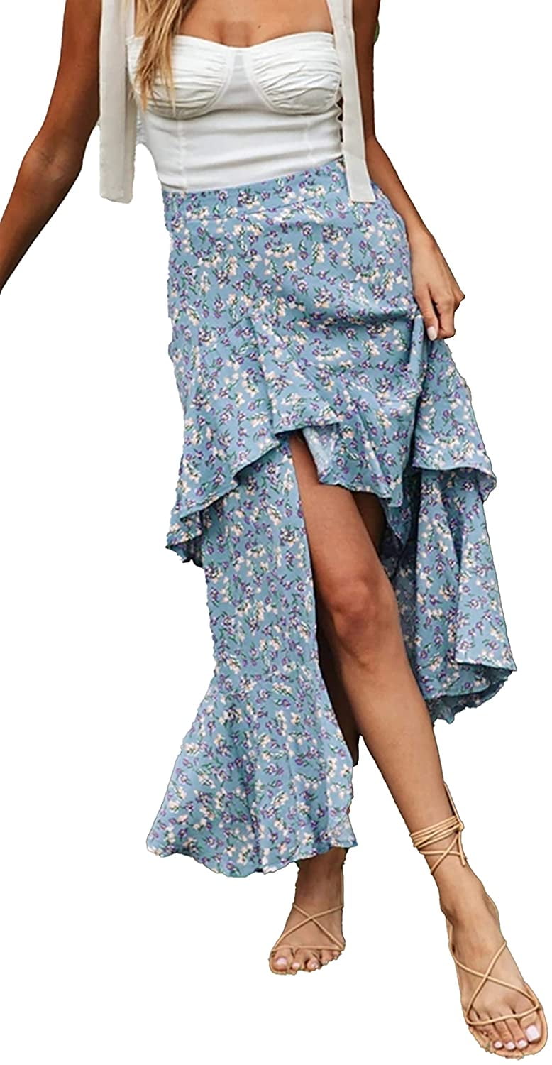 iCODOD Women Boho Floral Print Asymmetrical Ruffle Hem High Low Split A-Line Midi Wrap Skirt Chic Swing Maxi Dresses 