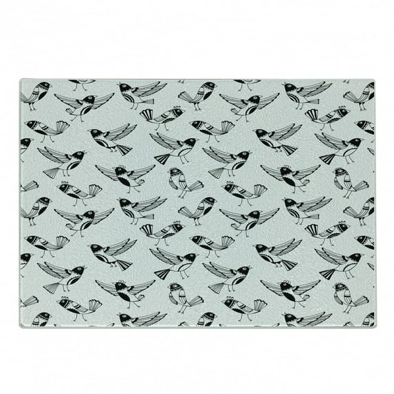 Black and White Cutting Board, Doodle Style Sketch Cartoon Birds with Funny Curious Expressions, Decorative Tempered Glass Cutting and Serving Board, Small Size, Black White, by Ambesonne