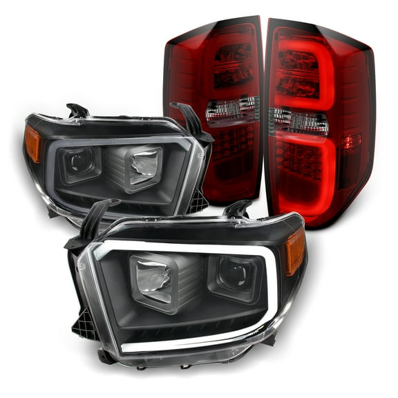 AKKON - For 2014-2021 Toyota Tundra Light Tube Black Bezel Projector Headlights   Red Smoked LED Tube Tail Lamp