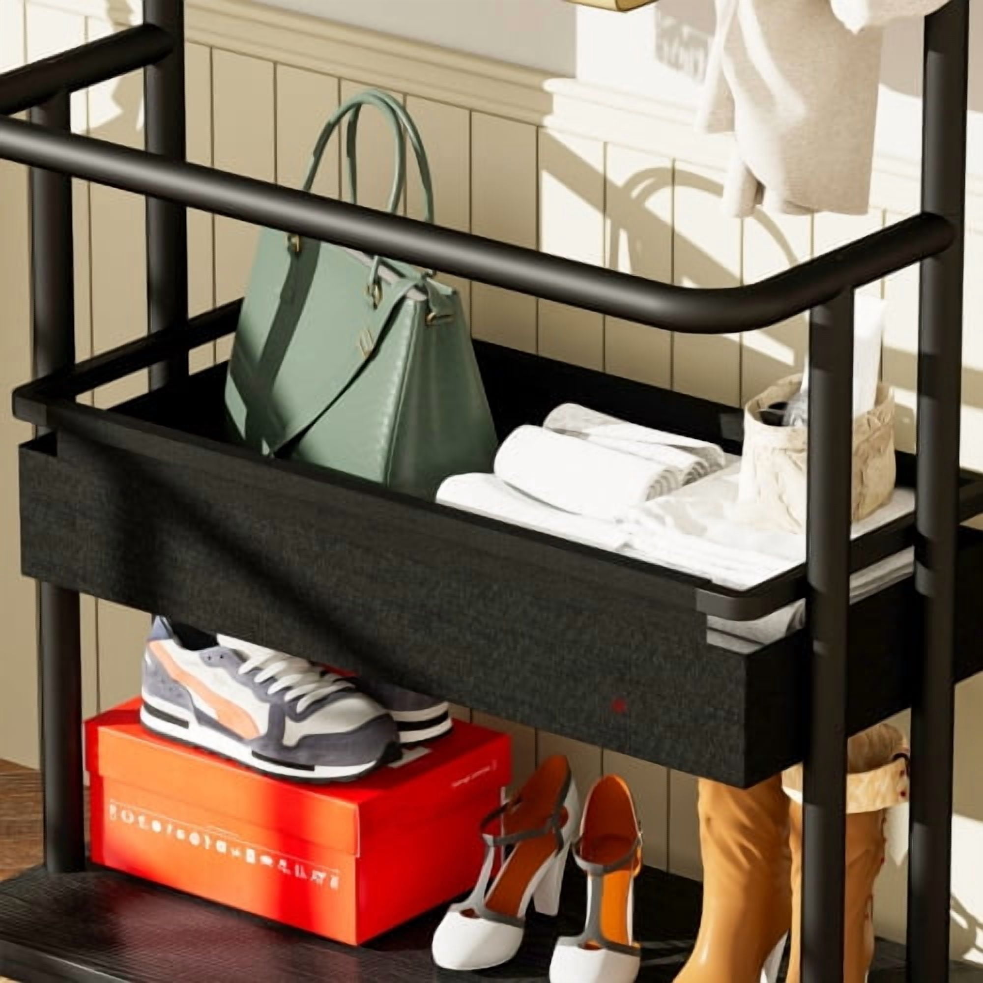 3-in-1 Metal Coat Rack with Casters, Rolling Garment Rack with Mirror & Storage Basket, Heavy Duty Hanging Clothes Rack on Wheels, Black