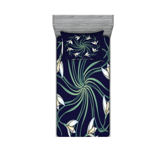 Ambesonne Flower Fitted Sheet & Pillow Sham Set, Art Nouveau Floral Design, Twin, Indigo Pale Green