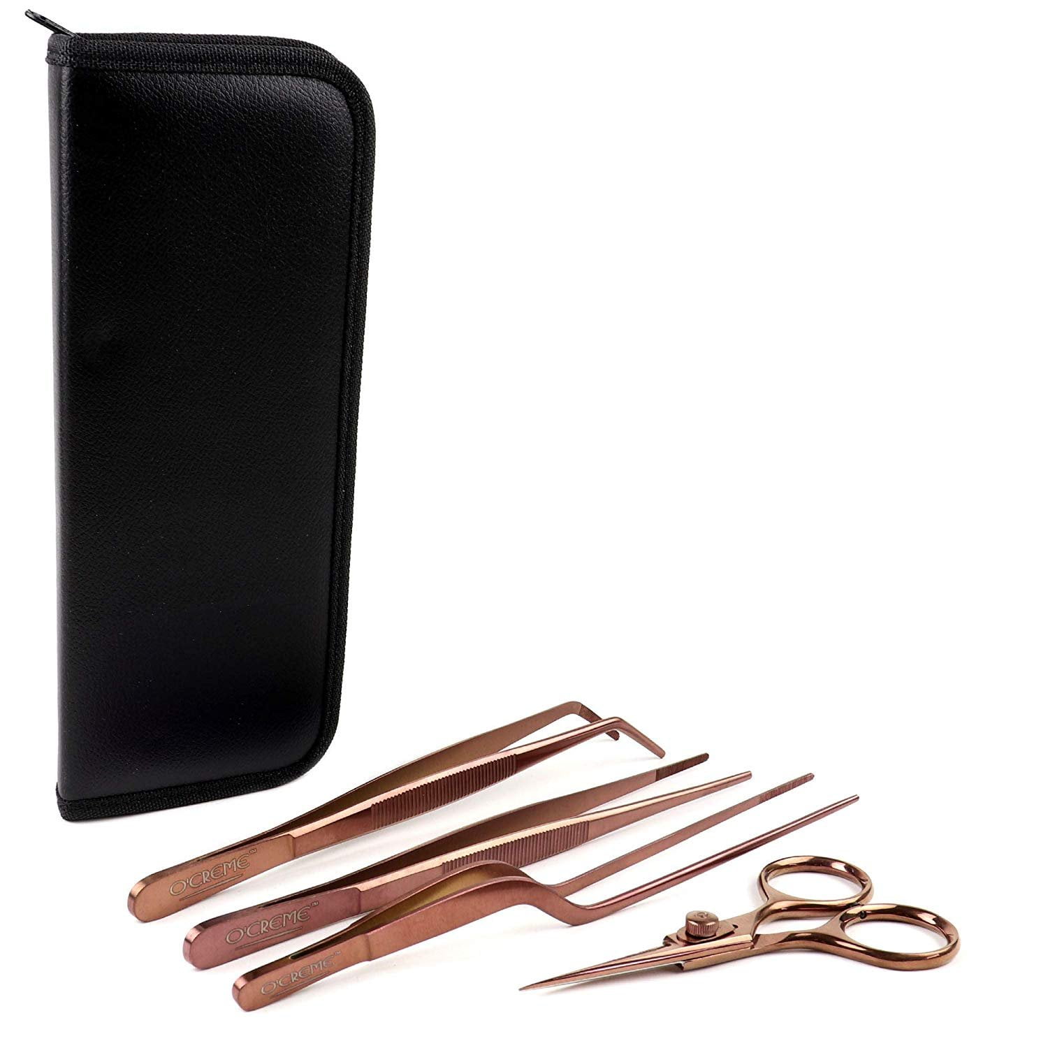 O'Creme Set of Culinary Tweezer Tongs 8 Inch Straight, 8 Inch Offset and 8 Inch Curved, Plus Super Sharp Chef Scissors, Total 4 Pieces Rose Gold
