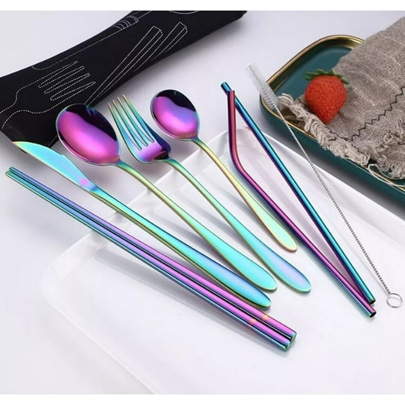 Rainbow Cutlery 9-Piece Stainless Steel Flatware Set with Rainbow Stainless Steel Handles