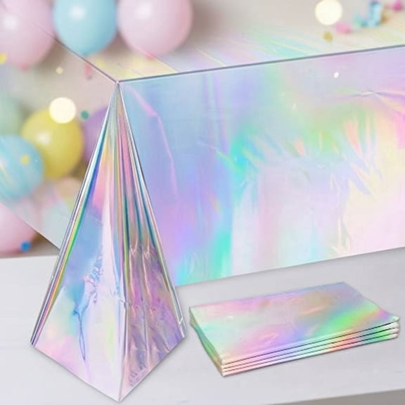 5 Pack Iridescence Plastic Tablecloths Disposable Galentines Day Decorations New Years Birthday Disco Bachelorette Bridal Wedding Rainbow Iridescent Party Decorations 54x 108in