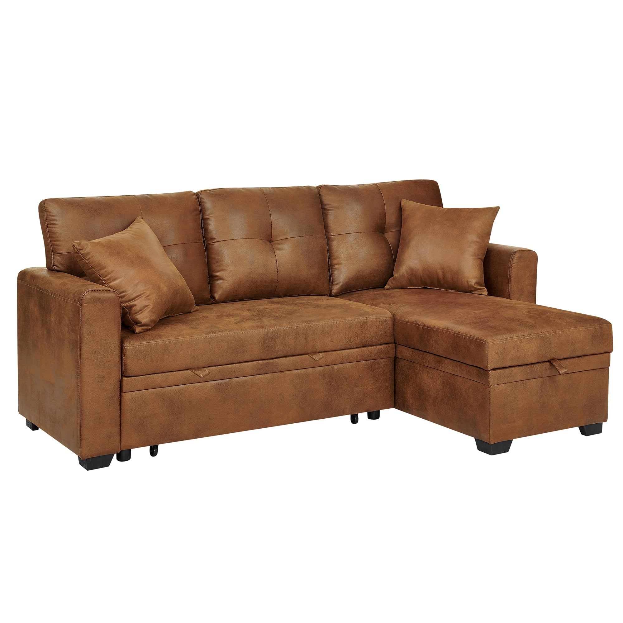 Sleeper Sofa Sectional with Pull-Out Bed – Reversible Chaise + Hidden Storage, Breathable Fabric, L-Shaped Couch for Small Spaces, Convertible Sofa Bed for Living Room