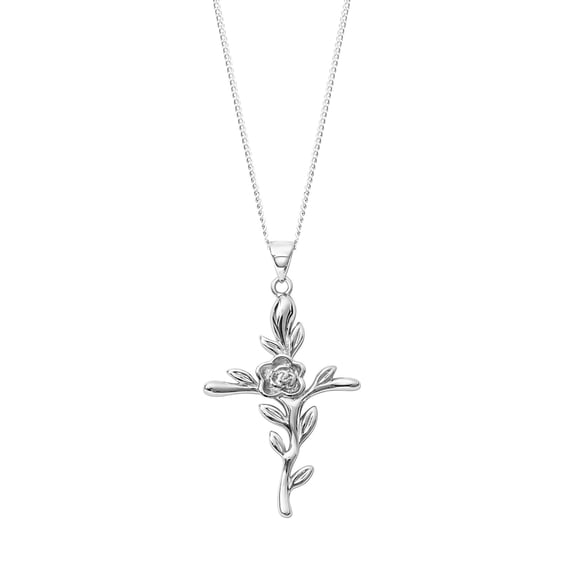 Sterling Silver Cross  Rose Pendant Necklace