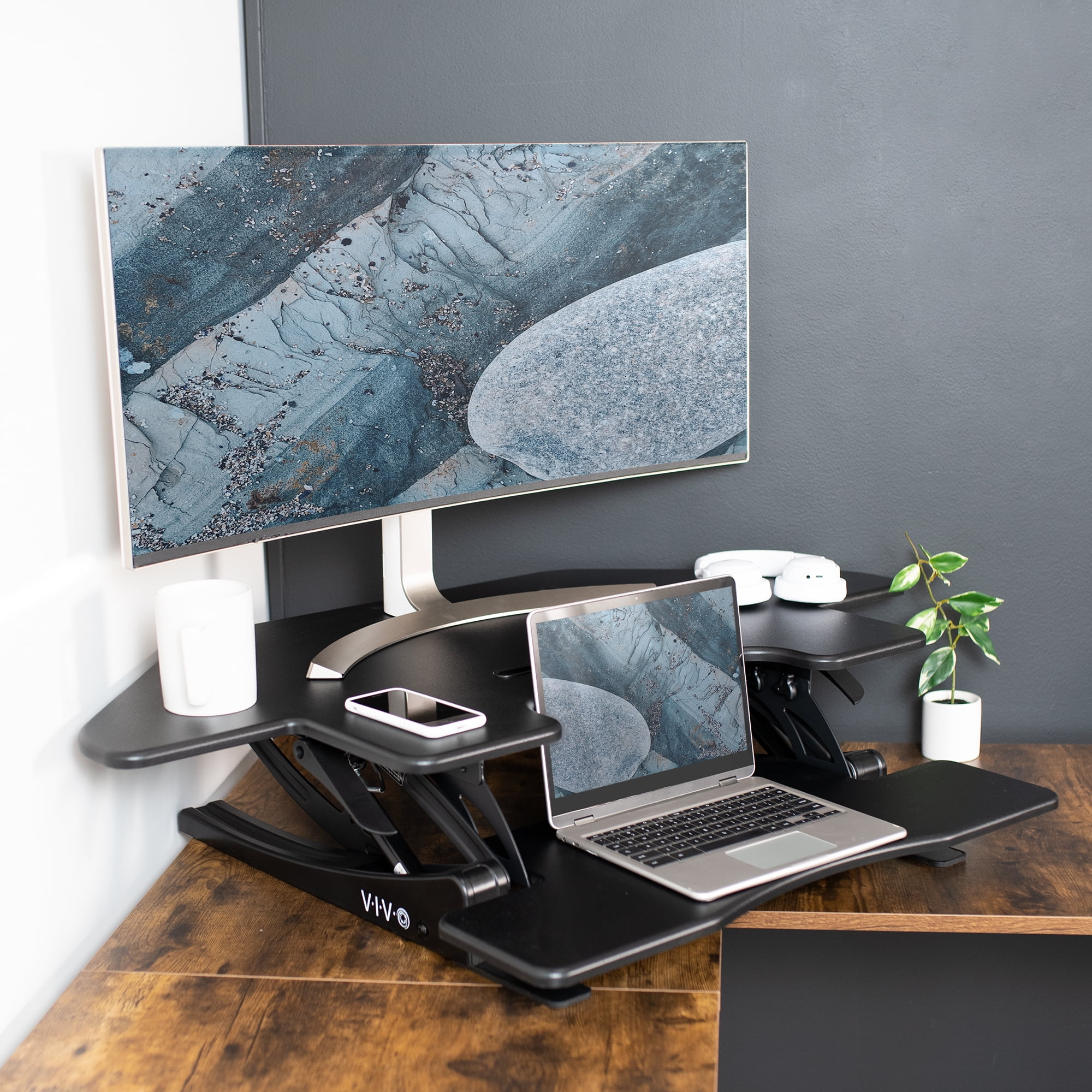VIVO Black Corner Height Adjustable Cubicle Sit to Standing Tabletop Desk Riser