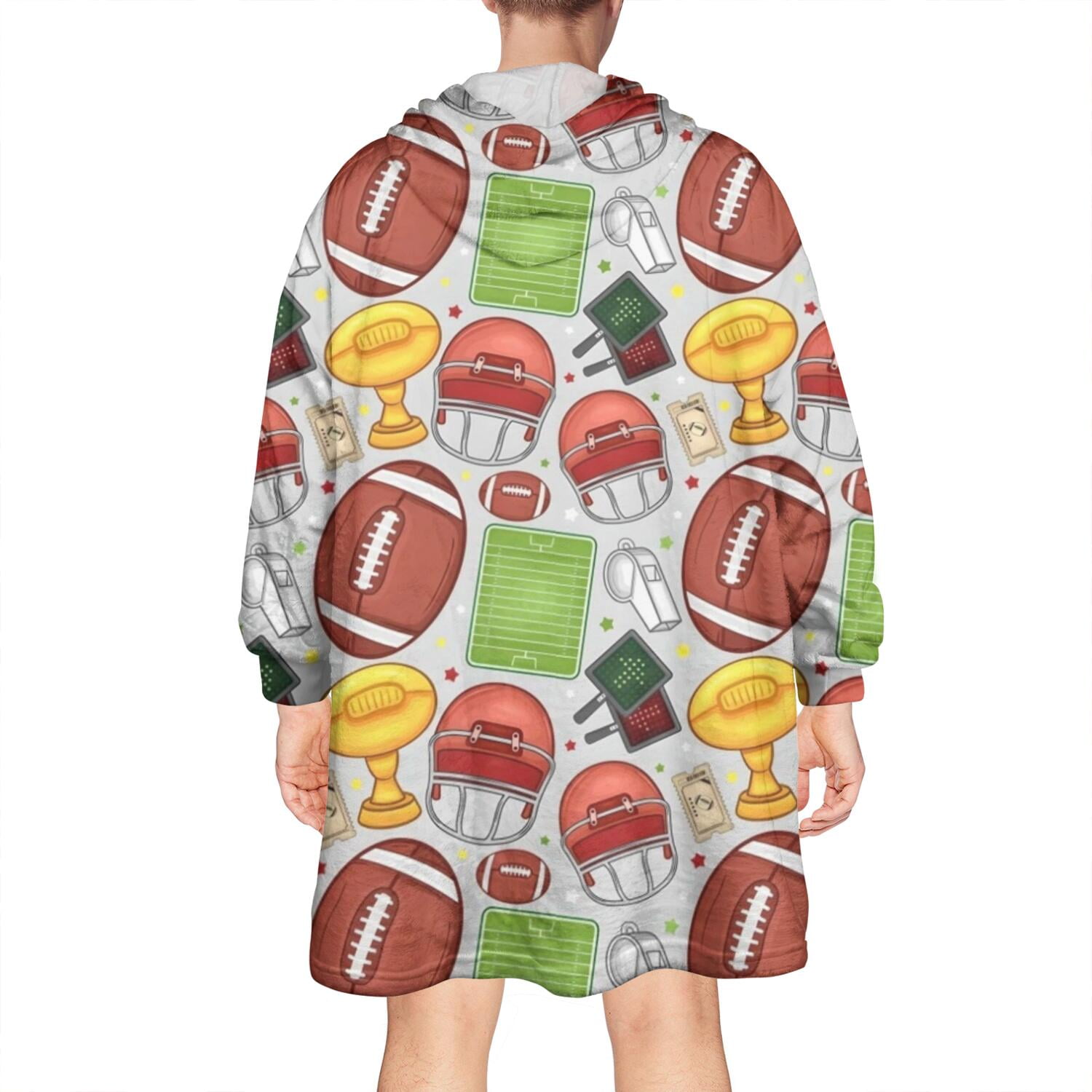 Gray Football Elements Pattern Wearable Oversized Blanket,Wearable Blanket Hoodie for Adults,Cozy Hooded Blankets with Super Pockets,Super Warm Fuzzy Pullover for Women & Men