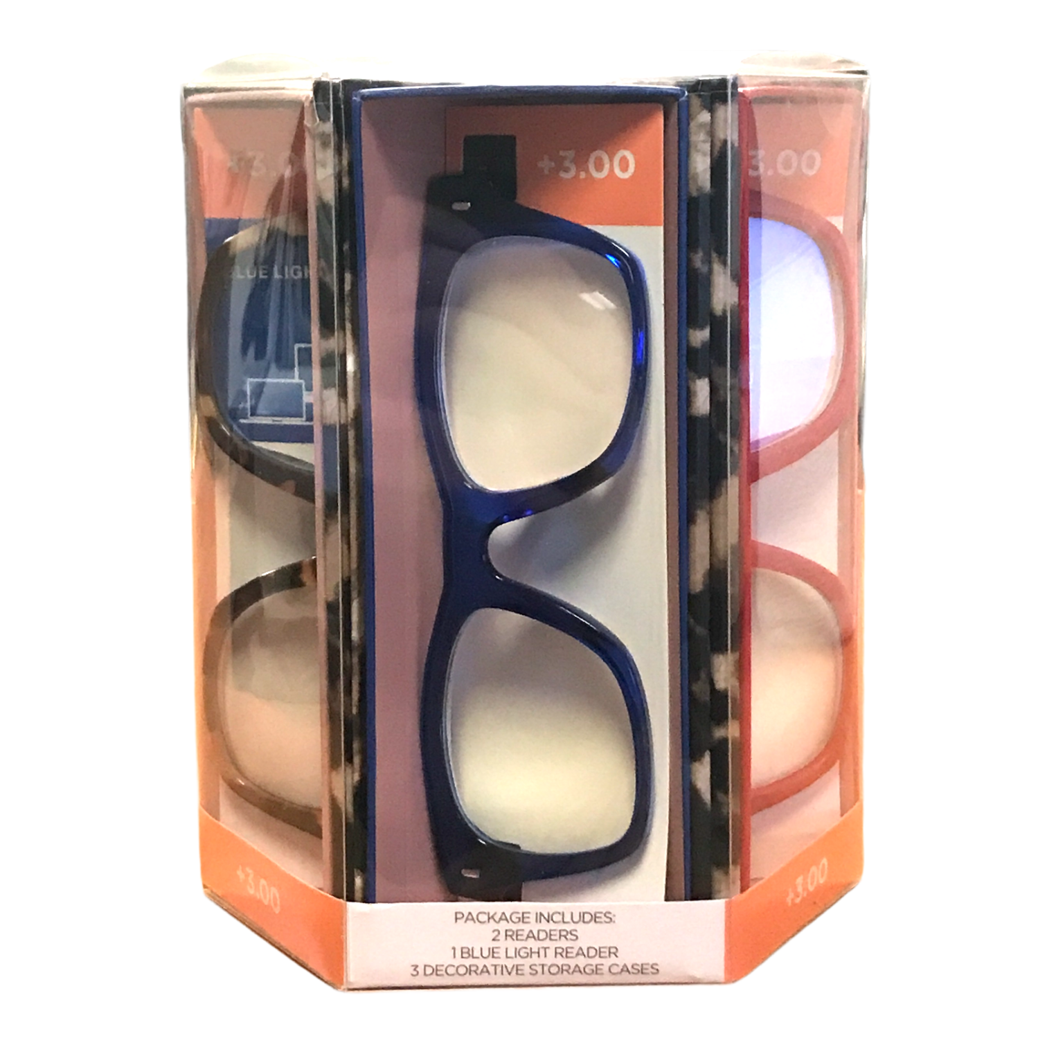 OPTIQUE Trifecta Square Reading Glasses (3 pack) +3.00, Blue, Red
