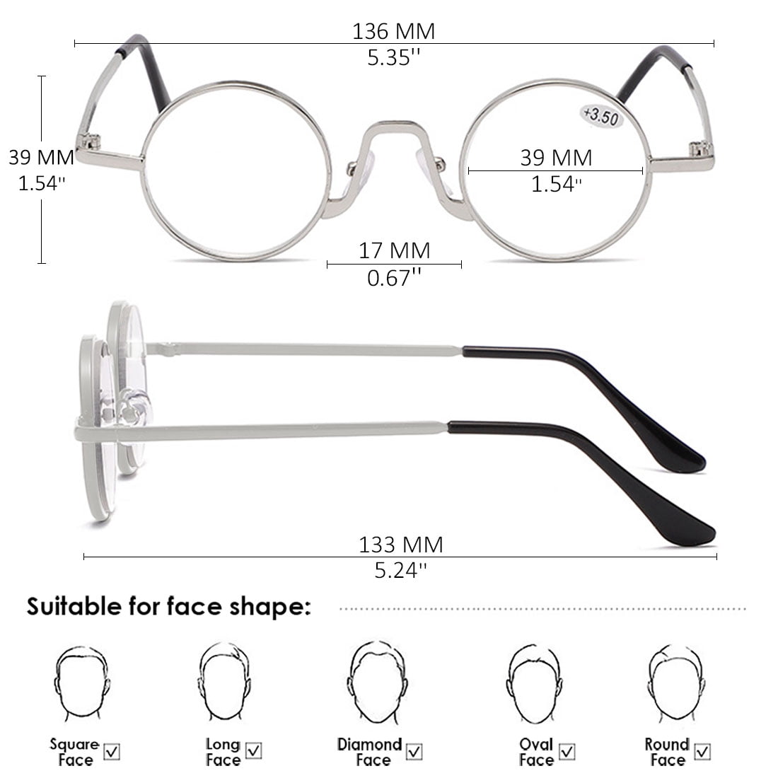 KOOSUFA Small Round Metal Reading Glasses 3.00 Blue Light Blocking Women Men Retro Eyeglasses Readers Eyewear Silver