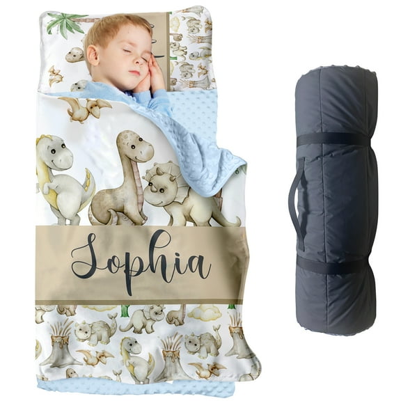Personalized Toddler Nap Mats for Preschool, Custom Name Khaki Dinosaur Kids Sleeping Bag for Daycare, Roll Up Sleeping Mat with Removable Pillow and Soft Dot Minky Blanke for Boys Camping Travel