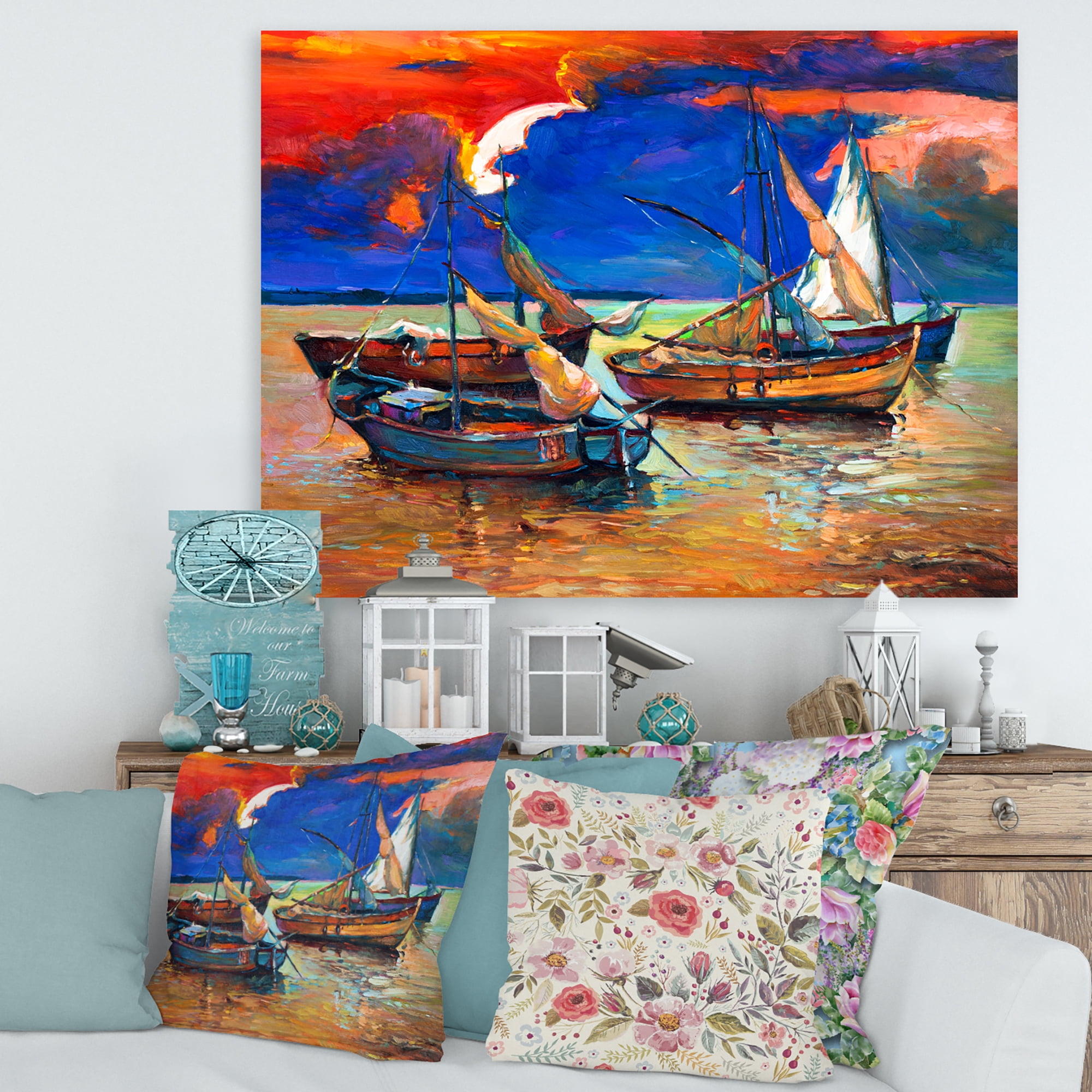 Designart ' Boats On The Water With Dark Blue Sky I ' Lake House Canvas Wall Art Print