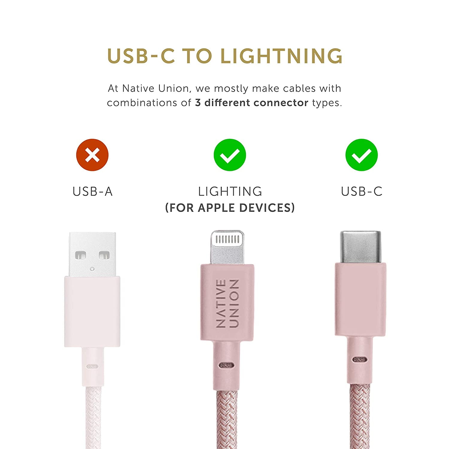 Native Union Belt Cable USB-C - 10ft Ultra-Strong Reinforced Charging Cable for iPhone 13 and earlier (Rose)