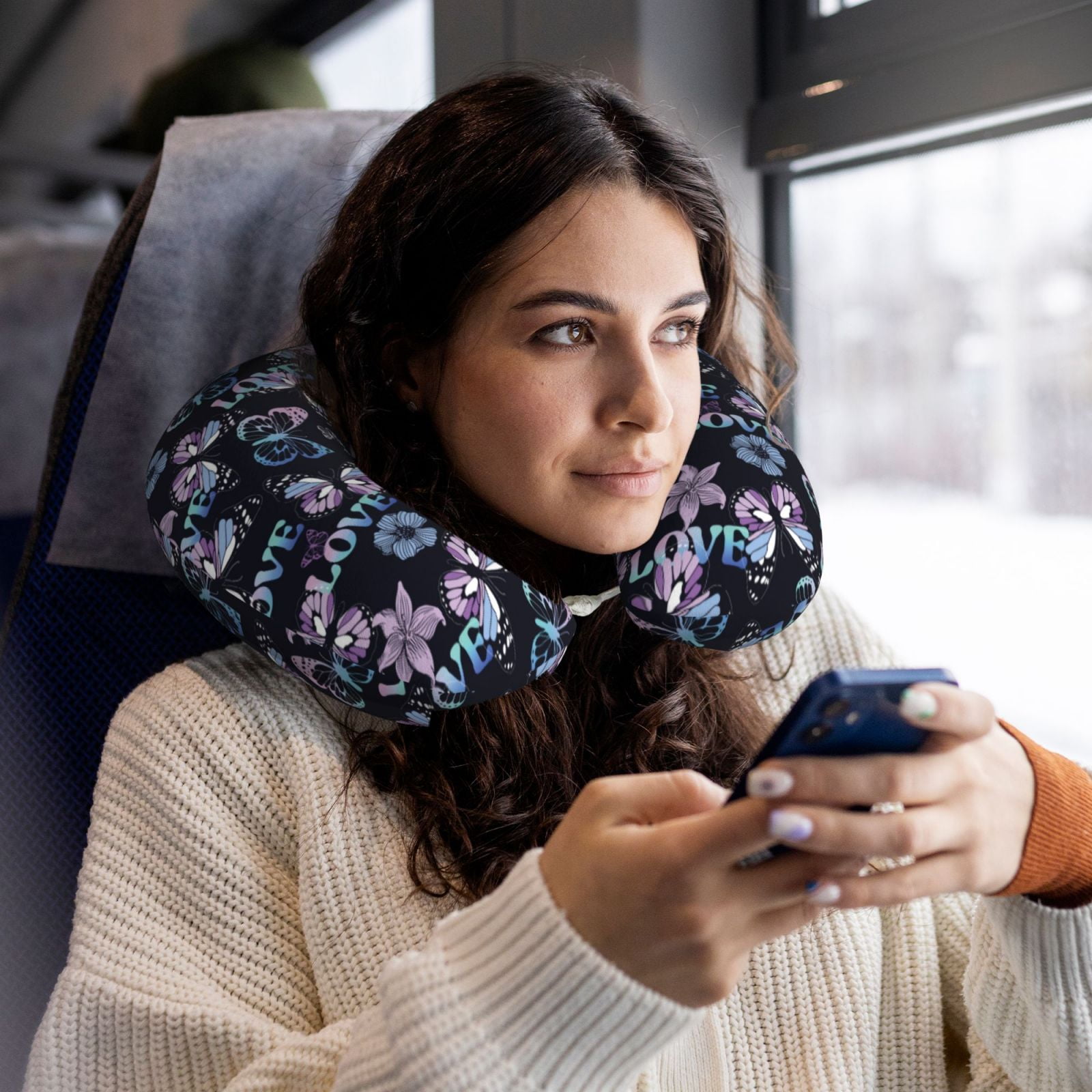 Xecao Love Butterflies Print Memory Foam Cervical Neck Pillow Versatile U-Shaped Pillows for Home,Office,Camping,Travelling,Soft Washable Cover