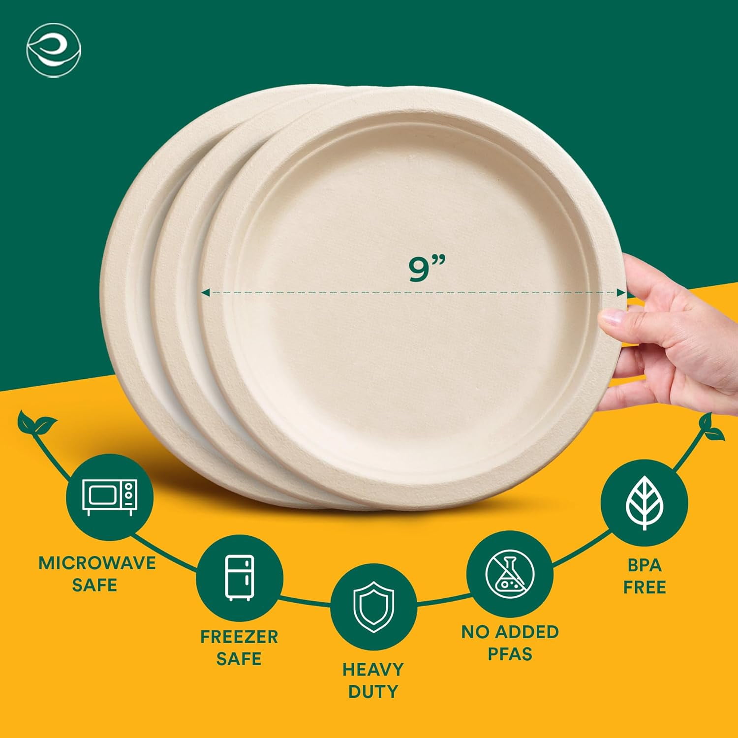 9 Inch Compostable Disposable Paper Plates [100 Pack] Food Safe 100% Virgin Bagasse Pulp Heavy Duty Biodegradable Microwave Large Round Dinner Plate for , Picnic & BBQ (Brown)