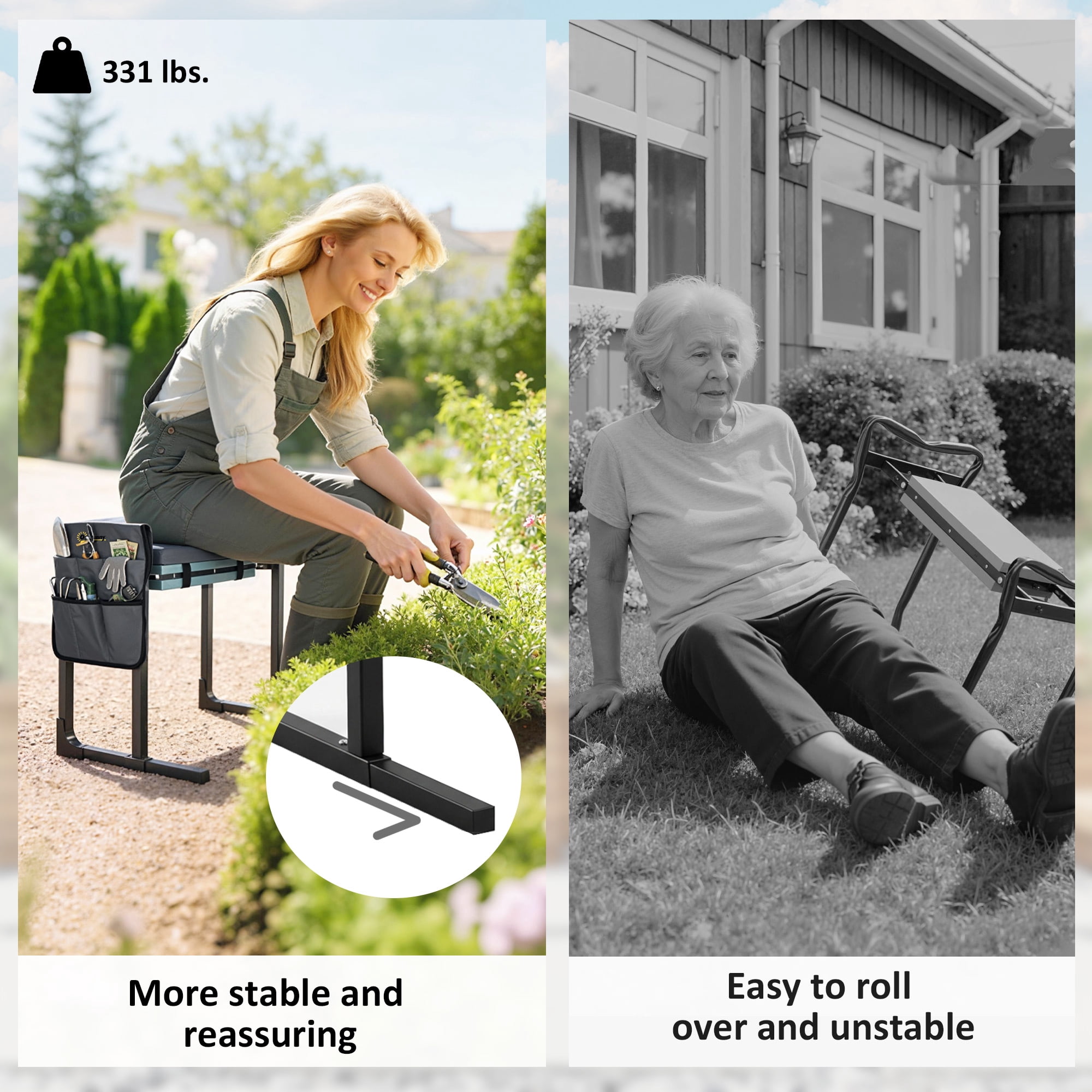 Outsunny Garden Kneeler and Seat, 330lbs Heavy Duty Foldable Gardening Stool with Thicker Soft Kneeling Pad, Extendable Steel Leg, Large Tool Pouch