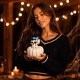 thumbnail image 5 of Resin Skull White Pumpkin Figurine With Bow Hat Decor Freestanding Tabletop Statue For Halloween Indoor Party Shelf Mantel Seasonal Home Decor.B:1Pc(3.93*4.92 in), 5 of 5