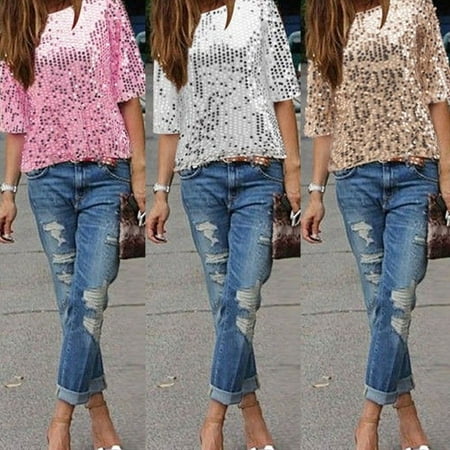 Ladies Sloping Shoulder Glistening Sequin Slim Shirt Tops Blouses Women T Shirts Embellished Sparkle Tunic (Best Slope Shoulder Dreadnought)