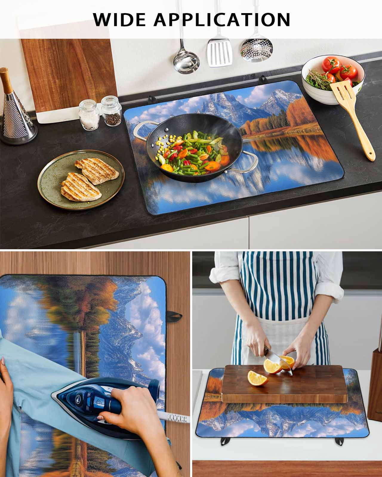 nqOlkjepod Large Induction Cooktop Protector Mat 24"x21", Blue Mountain Stove Top Covers for Electric Stove, Modern Art Yellow Trees Lake Decorative Stove Burner Cover Mats, Glass Top Stove Cover