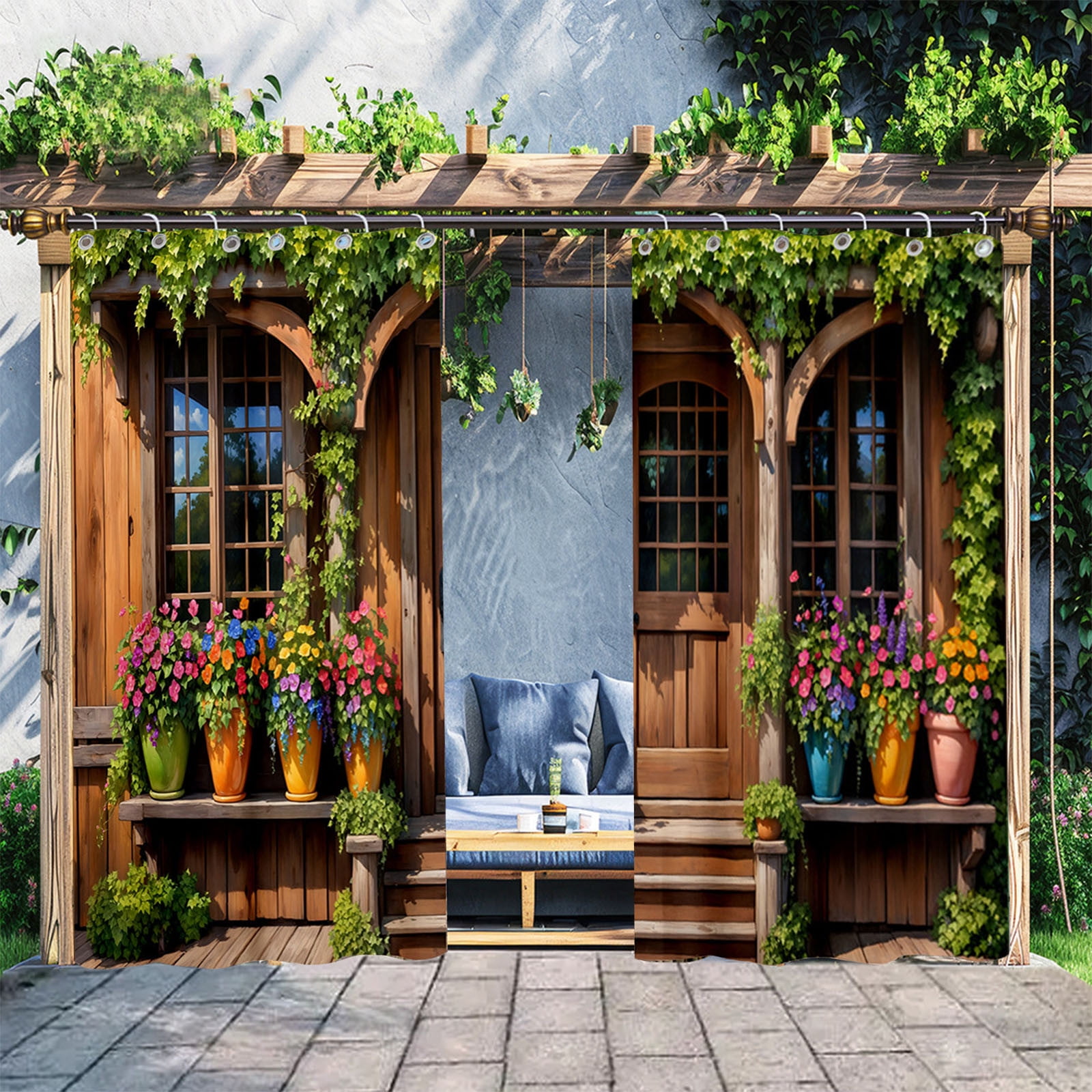 180cm x 180cm Outdoor Waterproof Curtains for Patio Balcony, Vintage Floral Design with Retro Green Plants and Flowers, Durable Polyester Fabric Set of 2 Panels Sun Protection Privacy Shelter