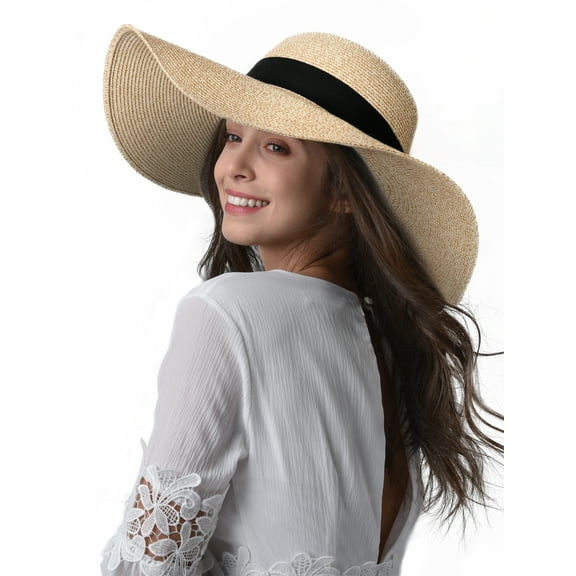 FURTALK Fashion Beach Hats for Women Wide Brim UPF 50 Sun Hat Foldable Roll up Floppy Straw Hats for Women - Mix beige - L