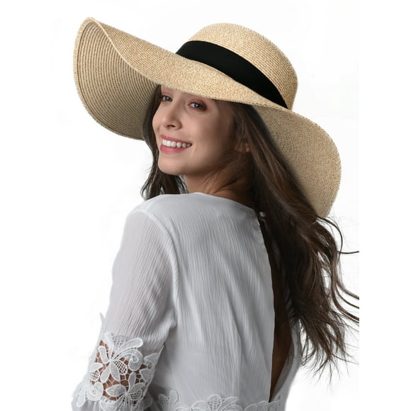 FURTALK Fashion Beach Hats for Women Wide Brim UPF 50 Sun Hat Foldable Roll up Floppy Straw Hats for Women - Mix beige - M