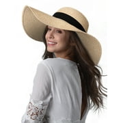 FURTALK Fashion Beach Hats for Women Wide Brim UPF 50 Sun Hat Foldable Roll up Floppy Straw Hats for Women - Mix beige - M