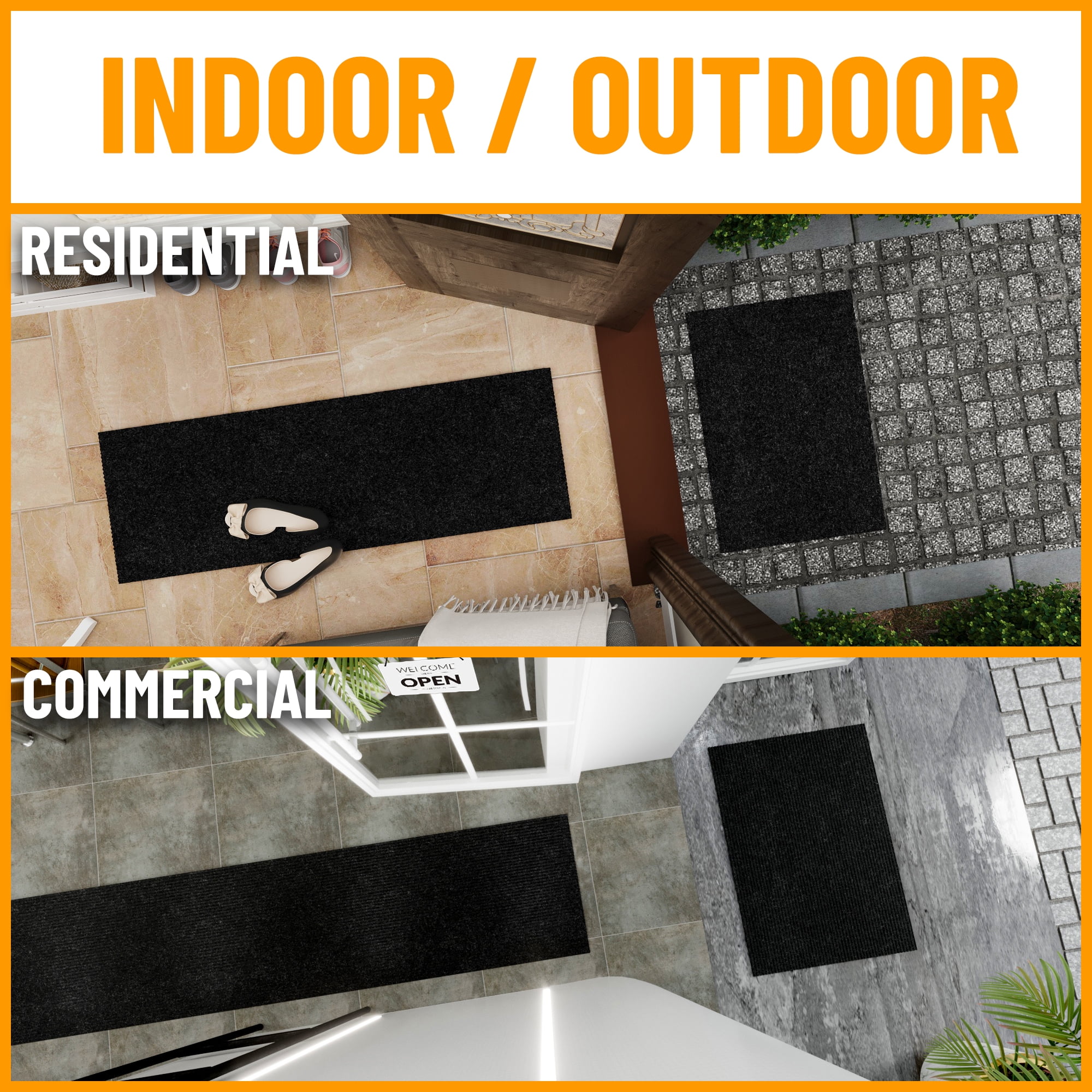 Ottomanson Non-Slip 2-Piece Kitchen Rug Set, Hallway Runner & Doormat for Entryway, 2' x 3' & 2' x 5', Black Ribbed