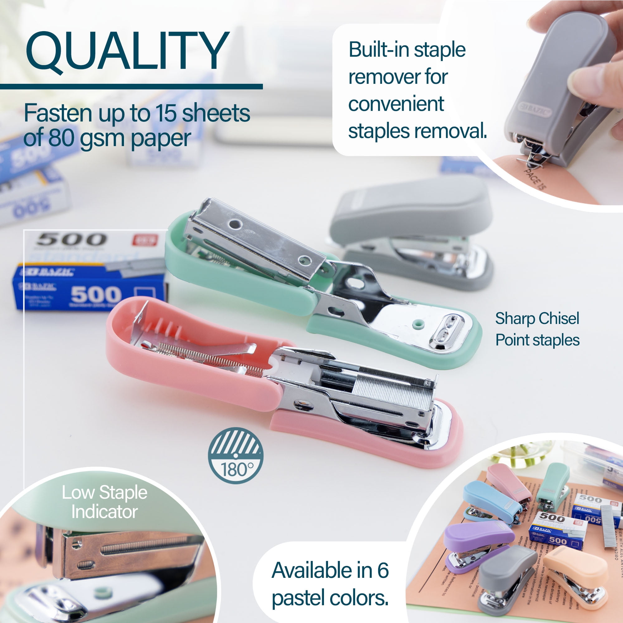 BAZIC Mini Stapler w/ 500 Staples, Standard (26/6) Pastel Color, Built-in Staple Remover, 24-Pack