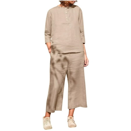 

Moxiu Women s 2 Piece Outfits Fashion Round Neck Casual Solid Color Long Sleeve Button Blouse and Loose Fit Pants Sets