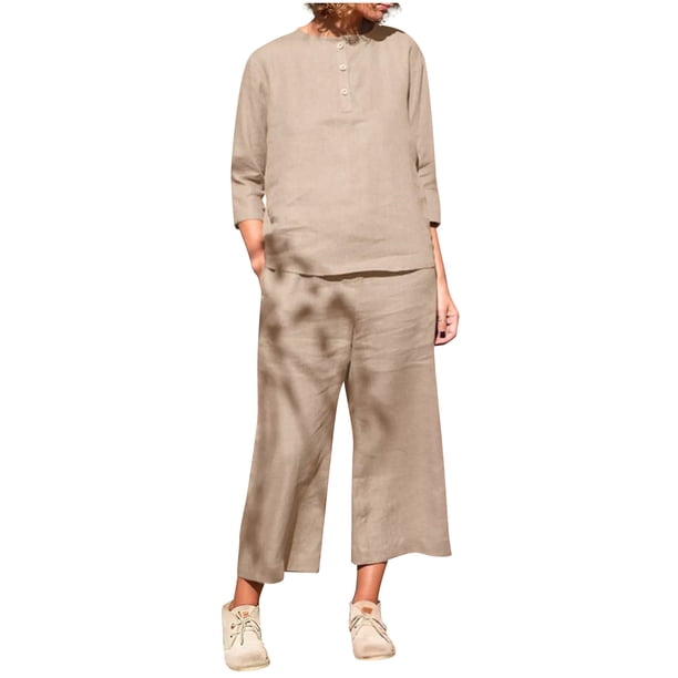 Blusa de manga larga sólida con cuello redondo para mujer a la moda de 2 piezas + conjuntos de pantalones sueltos Wmkox8yi bvn896