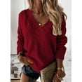 thumbnail image 2 of Women'S Loose Sweater V Neck Long Sleeve Shirt Casual Autumn and Winter Tops Wine Red XL, 2 of 8